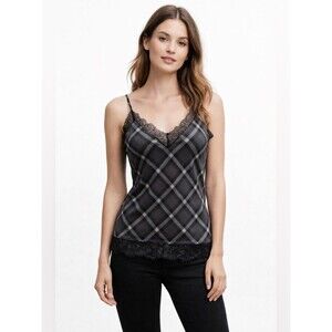 Gold Hawk Carrie Racerback Silk Camisole Lace Trim Plaid Black Medium NWT Luxury